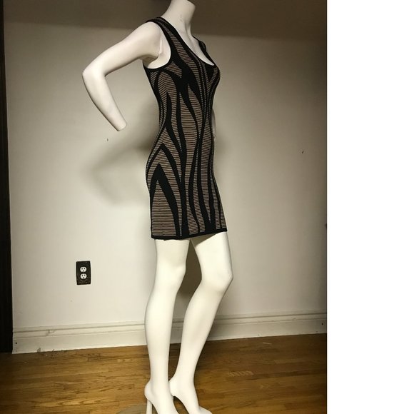 F21 Black Tan Leaf Pattern Metallic Zipper Bodycon Dress Summer NWT - Picture 3 of 5